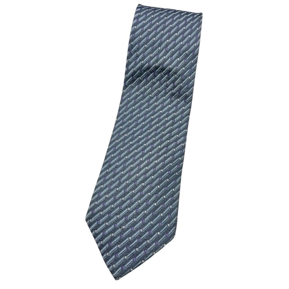 TINO COSMA Men's 100% Silk Necktie LUXURY Tie Gray Blue Geometric W:3.6" EUC